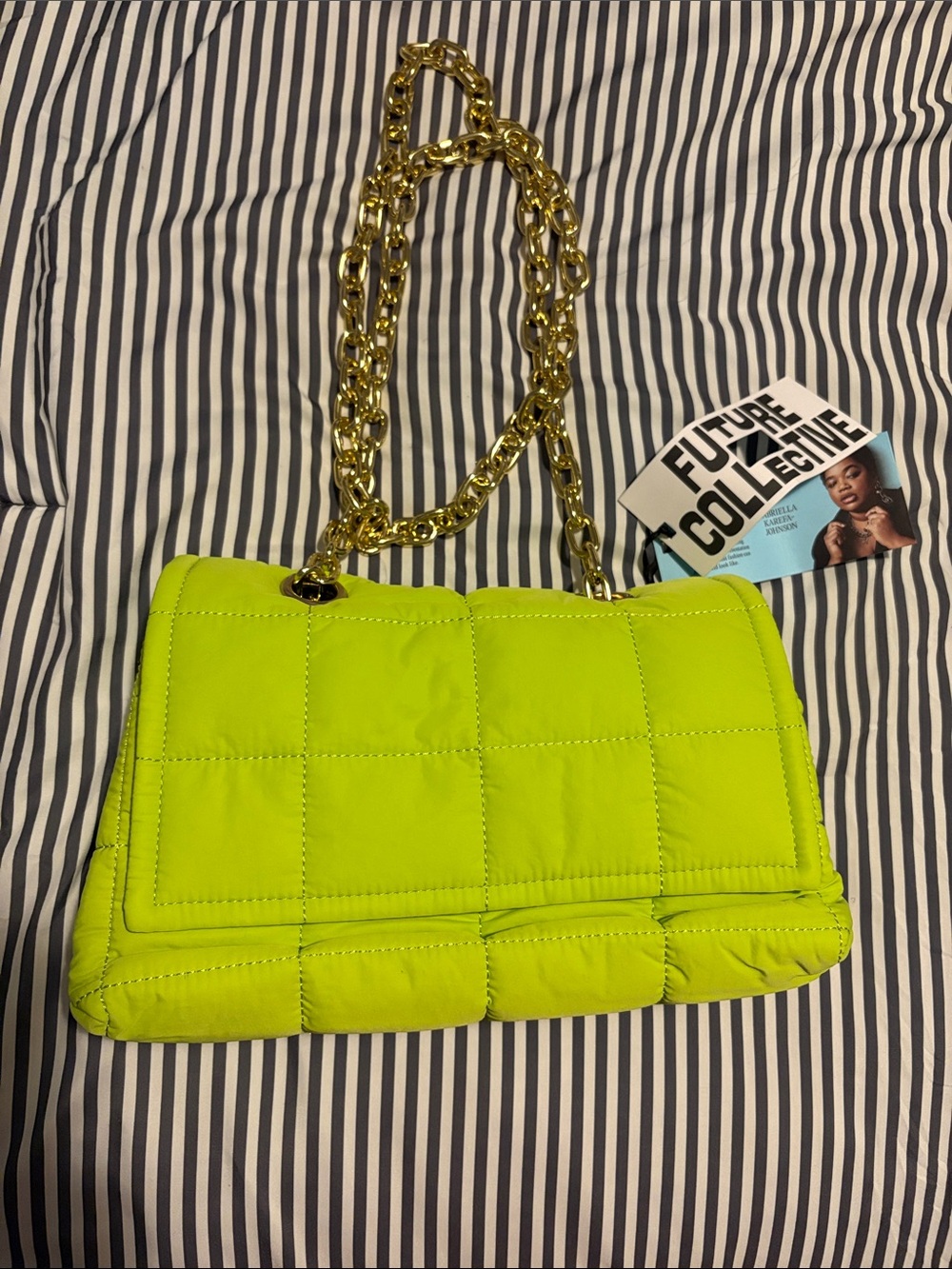 Neon Lime Quilted Shoulder Bag with Gold Chain Strap